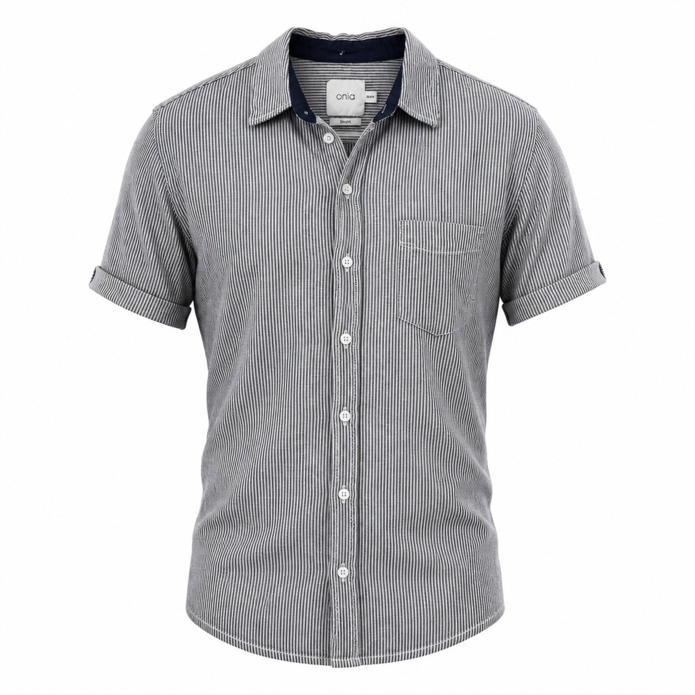 Onia Mens Grey White Striped Short Sleeve‎ Linen Blend Stretch Button Shirt M